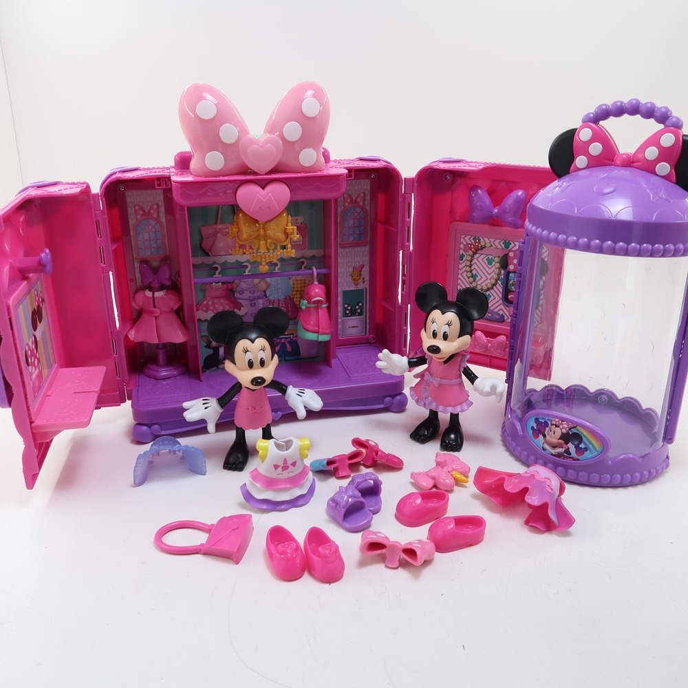 Minnie Mouse Bowtique Dress Up Playset Lot Glam‎ Glow Closet Clothing Shoes Case